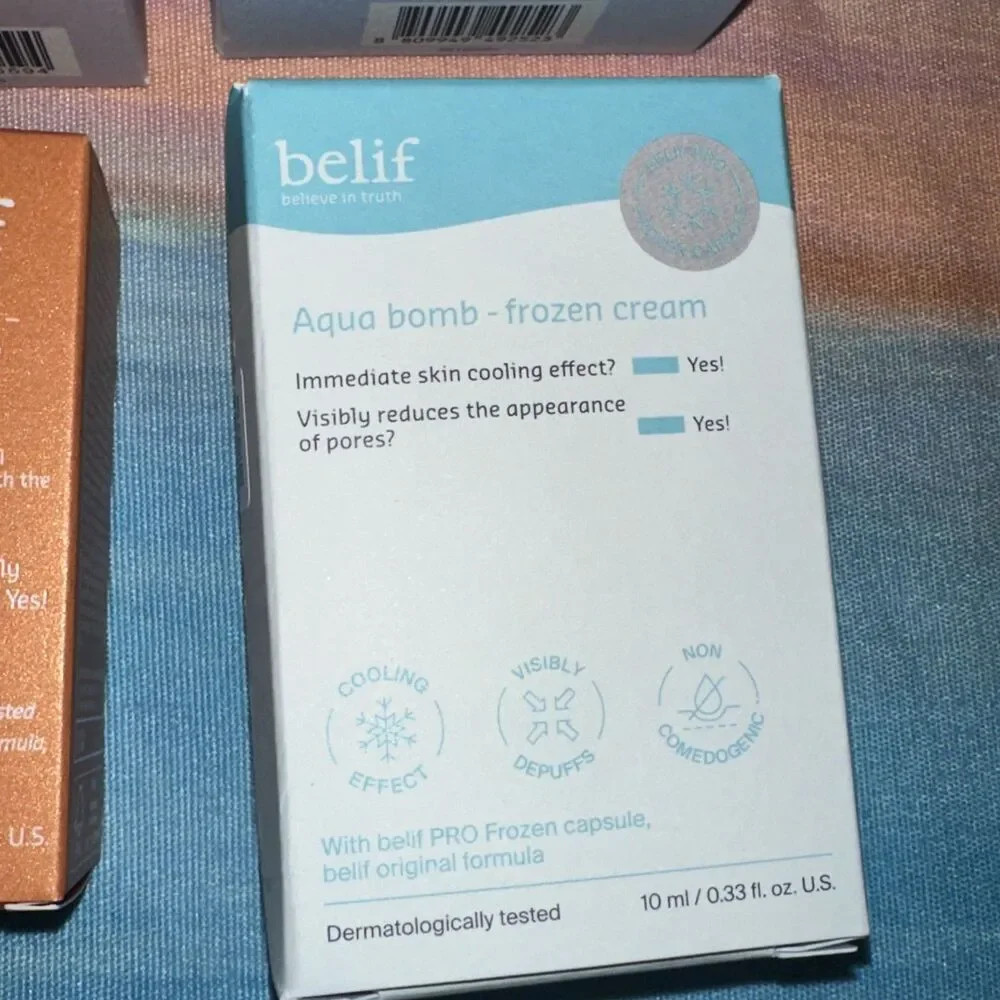 Belif Aqua Bomb Lot Of 7- True Cream, Lip Mask, 2x Eye Gel, Super Drops, etc
